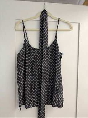 NWT Ag Adriano Goldschmied gray Floral Dot V-Neck silk cami top with scarf tie